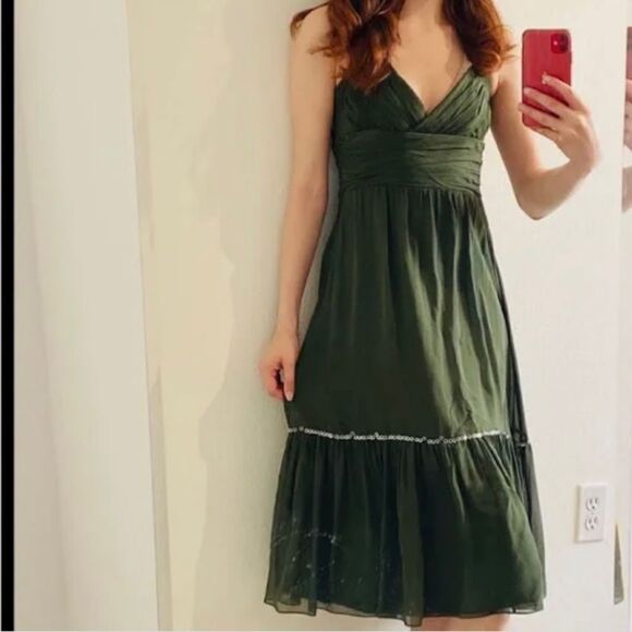 Y2K BCBG Maxaria Boho Green 100% Silk Chiffon Sequin Ruched Halter Dress 10 L - Picture 1 of 16